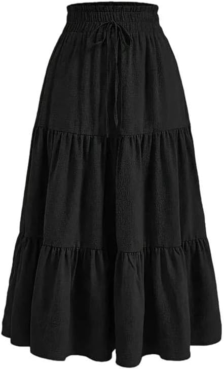 Women's Knee-Length Pleated Ruffle Skirt Elasticated Waistband Tiered Skirt Everyday Skirts