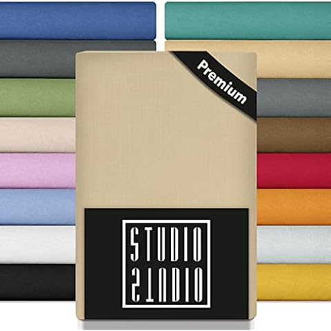 STUDIO Premium Spannbettlaken 140-160 x 200-220cm, Made in Green/EU, 97% gekämmte Baumwolle / 3% Elasthan, Bettlaken Spannbetttuch hohe Matratzen Boxspringbetten Wasserbetten bis 35cm - Creme Cover