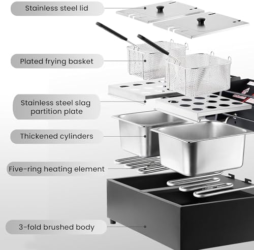 Kommerzielle Fritteuse, Kommerzielle Fritteuse mit Körben und Deckeln, 2 x 6 l Edelstahl-Fritteuse, Küchen-Fritteuse mit Temperaturregelung, Pommes Frites und Donuts für den Restaurant- oder Heimgeb – Bild 8