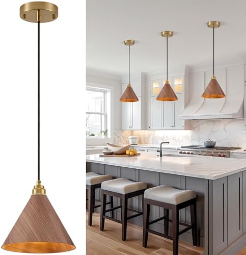 3 Pack Pendant Lights Kitchen Island, 8.3” Small Wood Pendant Lig...