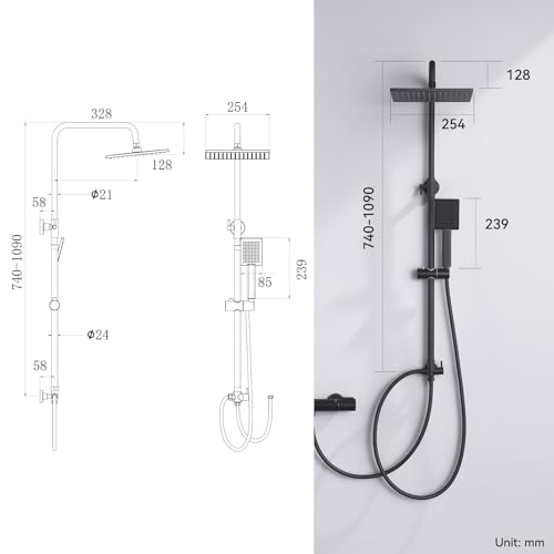 Auralum Regendusche Schwarz ohne Armatur, Duschgarnitur mit Regendusche Quadratischer Duschkopf 25cmx25cm, Duschsystem ohne Armatur Höhenverstellbar Duschstange von 74-109cm für badewanne kabine