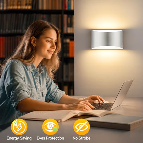 MATAMEYE Modern LED Wall Sconce Set of 2, Brushed Nickel Aluminum Indoor Wall Lighting Fixture, 3 Colors & Timer, Up/Down Dimmable Wall Mount Lamp — view 4