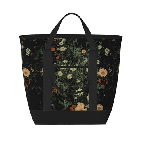 Bohemian White Daisy Wildflower Black Floral Insulated Tote Bag – Premium Insulation, Leakproof & Durable, Ideal For Grocery Shopping, Picnics, Food Delivery & Travel