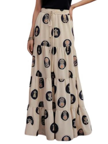 Image of GRECIILOOKS Women's Casual Summer Beach Skirts | Maxi Skirt for Women High Waist | Boho Ethnic Flared Skirts | Indian Long Skirt Rayon Printed | Elastic Waist Long Skirt's for Women