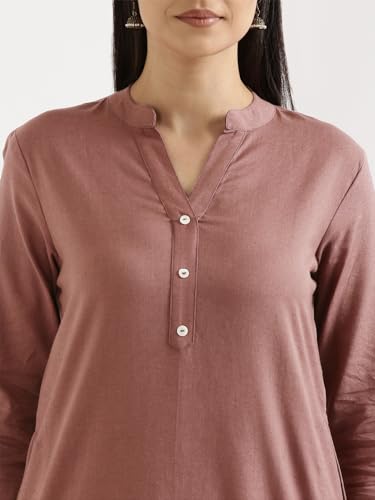 Image of SAADAA Women's Linen Straight Fit Straight Long Kurta Airy Plain Kurta, 3 /4 Sleeve, Knee Length Kurtis with Pockets, Casual and Office Wear