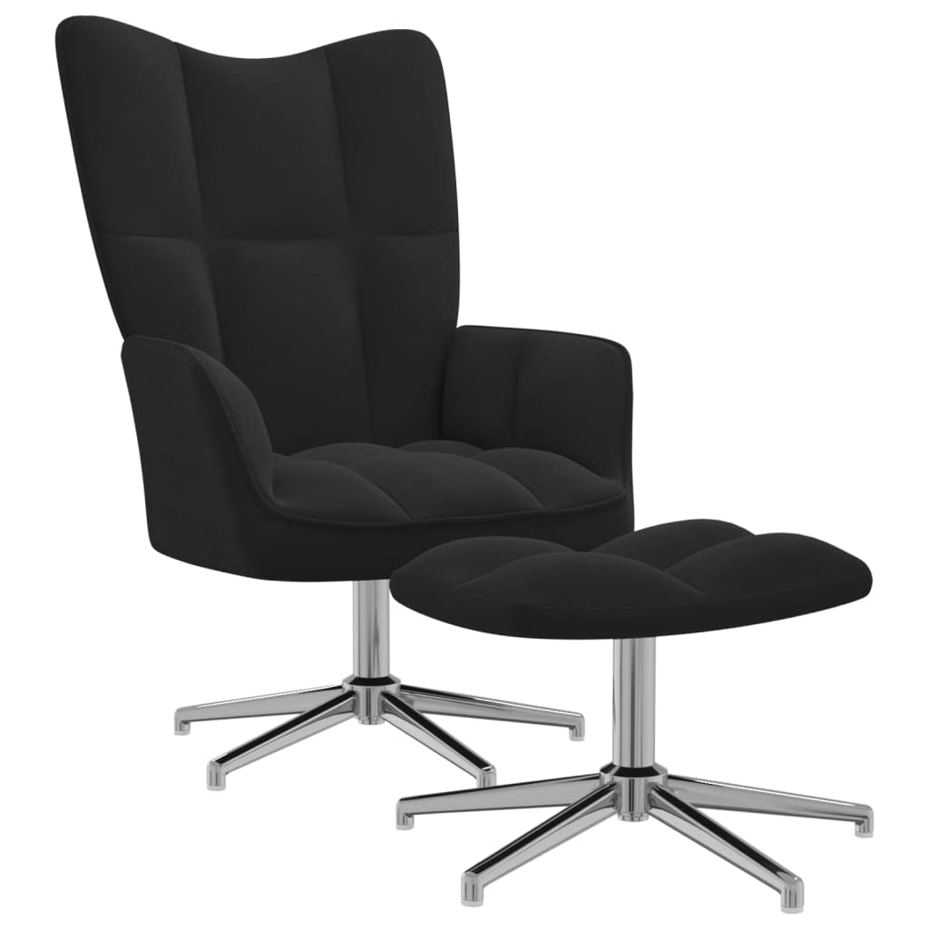 Chaise de relaxation en velours noir avec son pouf pour coin lecture chaleureux