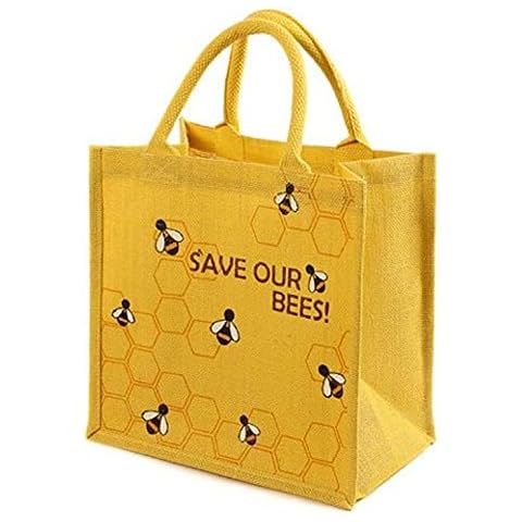 Jute Bag Shopping Bag Padded Handles Save Our Bees Yellow Cover