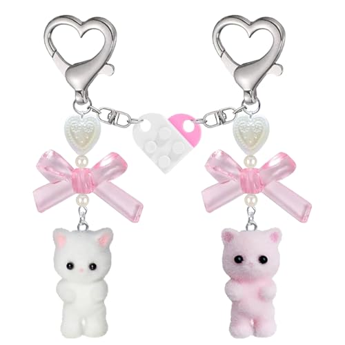 Moguri 2 Pieces Pink and White Cat Keyring Set, Plush Kitty 