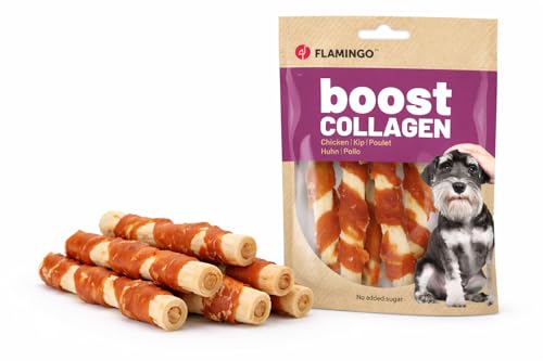 Snacks para Perros - Flamingo Boost Barrita con Pollo y colágeno - 12,5 cm - 5 Piezas 85 g - sin azúcares añadidos - Apoyo para Piel y articulaciones