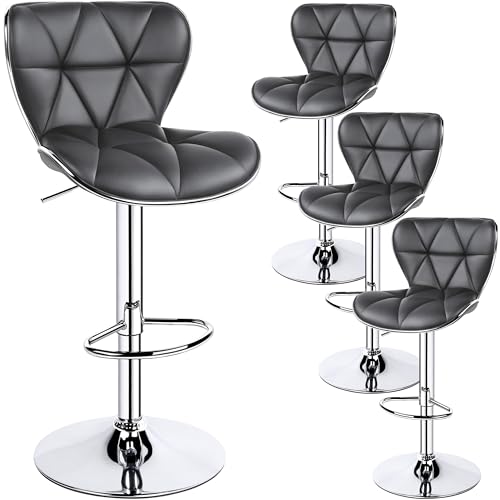 Yaheetech Bar Stools Set of 4, Island Chairs Shell Back, PU Leather Adjustable Barstools, Swivel Barstools with Footrest for Home Kitchen, Grey
