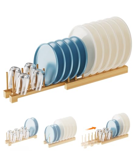 BusyePa Dish Rack, Flexible Bamboo Dish Drying Rack Pot Lid Plate Stand Holder Adjustable Vertical Organizer Storage for Kitchen Cabinet Dish, Pot Lid, Bowl, Cup