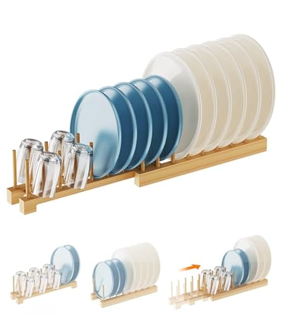 Dish Rack, Flexible Bamboo Dish Drying Rack Pot Lid Plate Stand Holder Adjustable Vertical Organizer Storage for Kitchen Cabinet Dish, Pot Lid, Bowl, Cup