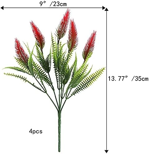MHMJON Artificial Plants Flowers 4Pcs Fake Plastic Setaria Shrubs Fuax Greenery Bushes Indoor Outdoor Home Kitchen Office DIY Hotel Table Centerpieces Decoration (Red)