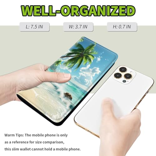 Slim Leather Long Wallet for Men & Women, Breast Pocket Wallet, Credit Cards Mens, Leather Wallets Bifold Wallets for Men RFID Blocking Bifold Stylish Wallet, Beach Coconut Trees3