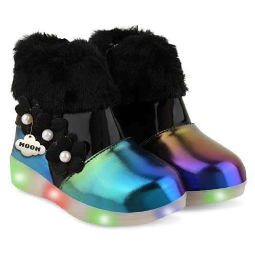 Image of Hooh Kids Girls LED Light Up Shoes Cum Boots with Faux Fur Trim and Flower Applique for 0 Months to 12 Years (for Greater Than 5 Years Age vs Size Chart in Images)