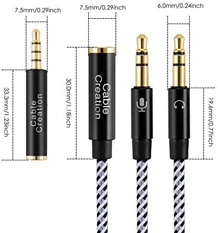CableCreation Headset Splitter Cable, 3.5mm Female to 2 Dual 3.5mm Male Audio Y Splitter Cable with 3.5mm Audio Jack CTIA to OMTP Adapter,Black and White/ 0.2 M