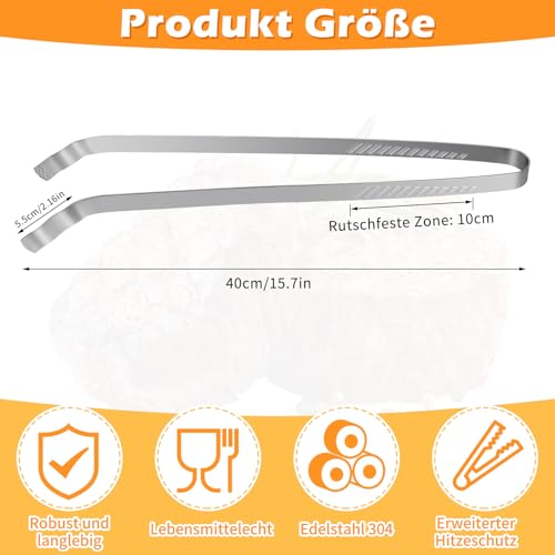SelfTek Grillzange Edelstahl Lang - 40cm BBQ Zange für Elektro-, Kohle-, oder Gasgrills, als Grillzange Fleischzange Wurstzange Steakzange, Spülmaschinengeeignet, Silber