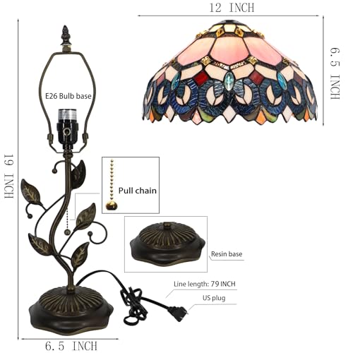 Image of Tiffany Table Lamp Stained Glass Bedside Reading Light W12H19 inch