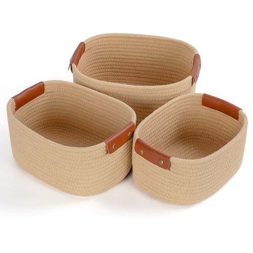 Otauoaea Cestini Portaoggetti Bagno, Set da 5 Cesto Portaoggetti Intrecciato in Corda di Cotone, Corda di Cotone per Bambini Bambina, Impilabile Organizer Fasciatoio per Camera da Letto Salotto(Iuta)