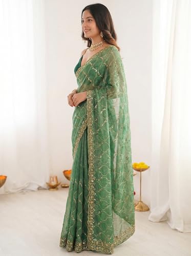 Image of ORHANS Women's Chiffon Saree with Unstitched Blouse Piece Heavy Embroidery Work | Beautiful Saree for Women | Traditional Indian Sari Stylish | Fashionable Saree Modern Design