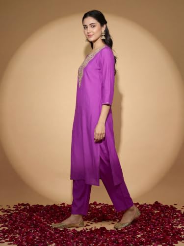 Image of INDO ERA Women's Silk Blend Embroidered Zari Work Straight Kurta & Pant Set | Cord Set For Women