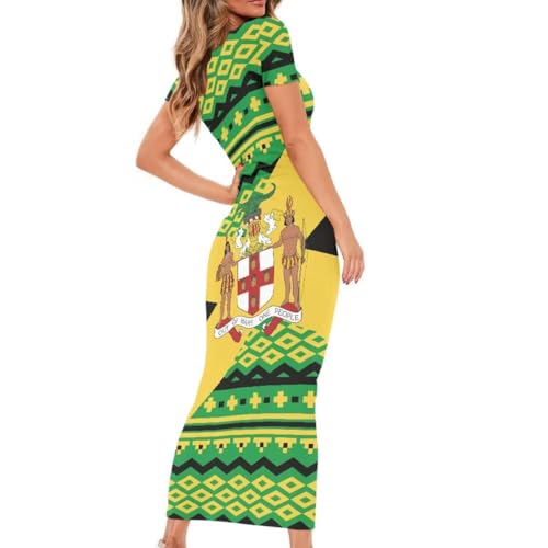 Image of Womens Short Sleeve Jamaican Flag Midi Bodycon Dress | Soft stretchy fabric,crew neck,jamaican print casual date night cocktail party, elegant chic, spring summer fall all season