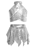 Runqhui - Vestido de baile latino moderno jazz conjunto de lentejuelas top top con falda traje Hip Hop Disco Gimnasia Patinaje, plata, 9-10 Años