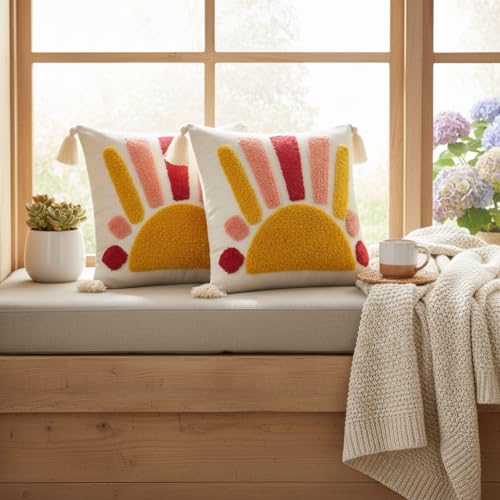 Image of RRC Boho Throw Pillows 16x16 Inch Set of 2 - Soft Mid Century Modern Decorative Pillow Covers, Aesthetic Cushion Cases for Couch, Sofa, Bed & Bedroom Decor (Orange, 16X16(Inches))