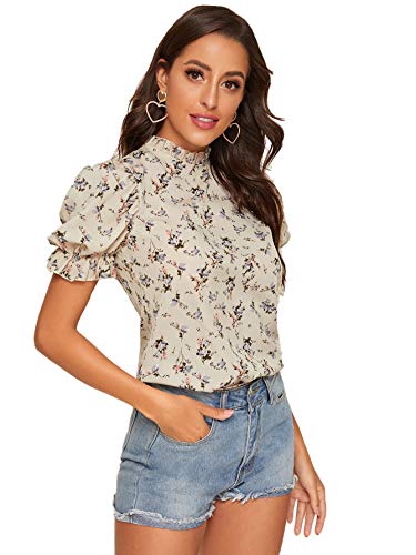 Romwe Women s Elegant Floral Print Ruffle Puff Short Sleeve Mock Neck Blouse Tops Beige Medium