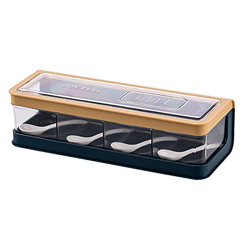 LetCart Clear Seasoning Rack Spice Pots - 4 Piece Storage Container Condiment Jars - Acrylic Seasoning Box, Cruet with Cover and Spoon for Pepper Spice Salt Sugar Storage(Blue)
