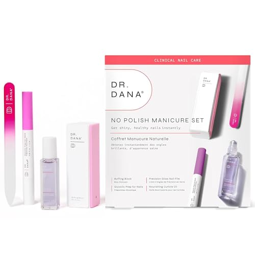 Dr. Dana No Polish Manicure Set - Shine and Strengthen Your Nails with Natural Glycolic Serum, Cuticle Oil, Nail Buffer Block, and Glass Nail File, Nail Care Kit for Healthy Nails, Halal Certified