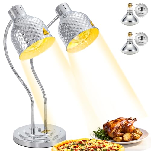 Hiteemer Food Heat Lamp - 500W Commercial Food Warmer Lamp 2-Head Portable Electric Heat Lamps Catering Warming Light for Buffet Parties Restaurant Kitchen, Silver
