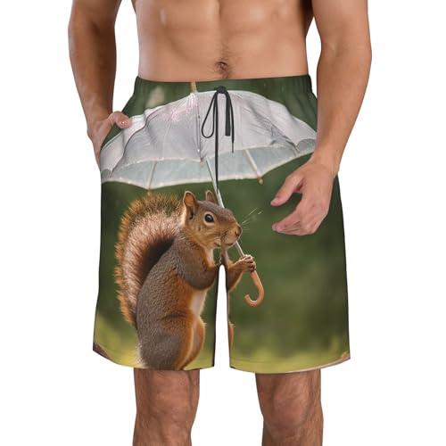 Men's Swim Trunks Quick Dry Bathing Suits Squirrel Hold A Umbrellas Beach Board Shorts Swimwear with Pockets