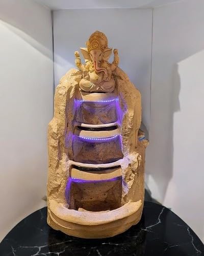 Sepborn Water Fountain Outdoor Big Size Garden 3 Step Ganesha Water Fountain, Resin, Decoration Gifting Item with LED Lights Water Pump
