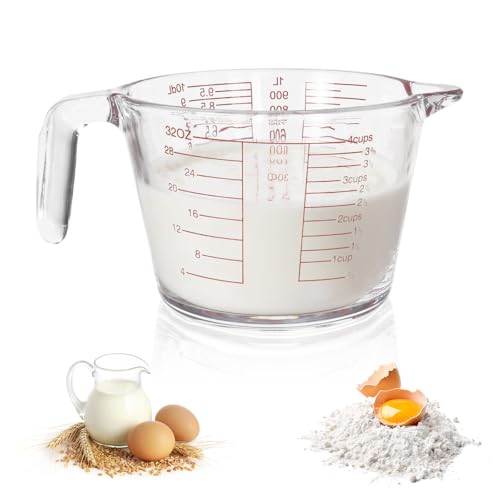 Jarra medidora de vidrio de 1 litro, fabricada con vidrio de borosilicato resistente a los golpes con marcas claras y fáciles de leer tanto en mililitros como en onzas, esencial para la cocina