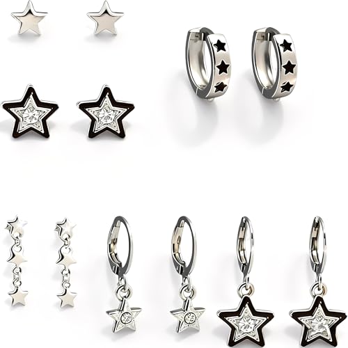 LKingel 6 Pairs Small Y2K Star Earrings for Women Simple Vintage Silver Small Hoop Earrings Rhinestone Zircon Star Moon Earrings Set Vintage Cartilage Y2K Stud Earrings Jewelry Set Y2K Accessories(Pentagram)