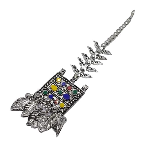 Stylish Navratri Oxidized Silver Maang TikkaBor With Damini Matha Patti for Women and Girls. (Sattyaki Square Multi Color Leaves Teeka)