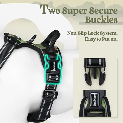 Image of rabbitgoo Dog Harness No Pull with 2 Leash Clips, Adjustable Soft Padded, Reflective Oxford No Choke Pet Vest with Easy Control Handle for Large Dogs, Green Mountain,L