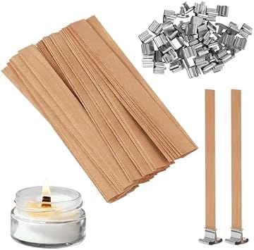 50 Set 13cm Wood Wicks for Making Candles Kit, 5" Trimable Natural Wooden Candle Wick with 50 Iron Stand,Natural Smokeless Wood Candle Wicks For bedroom, DIY Candle Making Craft
