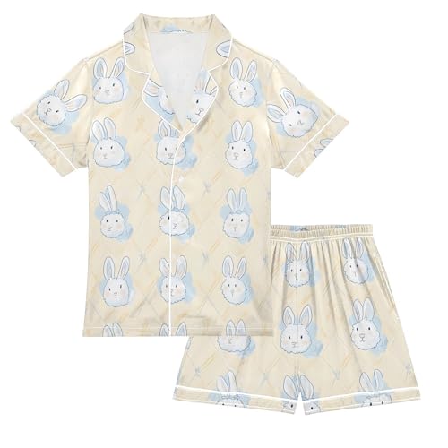 Cute Cartoon Rabbit Summer Pajamas Set Soft Satin Pjs Sets 2 Piece Short Sleeve Sleepwear Casual Clothes