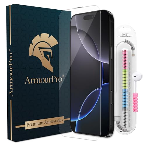 Image of ArmourPro Military-Grade Borderless Tempered Glass for iPhone 16 and iPhone 15 (6.1 Inches) with Edge to Edge Protector Coverage, Cable Protector and Easy Installation Kit | Anti Dust Mesh Filter