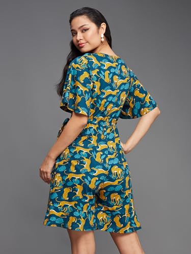 Image of Miss Chase Women's V Neck Half Sleeve Conversational Printed Wrap Knee Long Playsuit