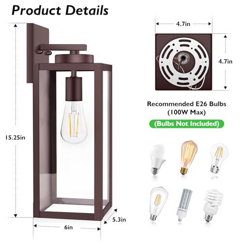 Image of BesLowe 15 inch Large Outdoor Wall Light Fixture, Exterior Porch Sconce, Brown | Waterproof, Rust-Resistant, Durable Metal with Clear Glass, Standard E26 Socket, Easy to Install