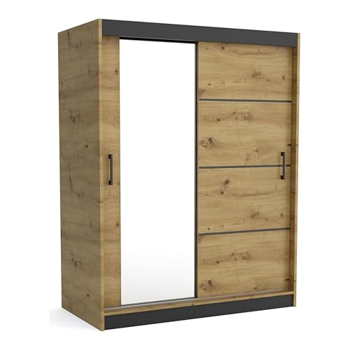 Brent - Kleiderschrank mit Spiegel 160cm Breit Windsor Tomy I Schlafzimmerschrank mit 2 Kleiderstänger und Einlegeböden für Kleidung I Kleiderschrank Artisan Eiche