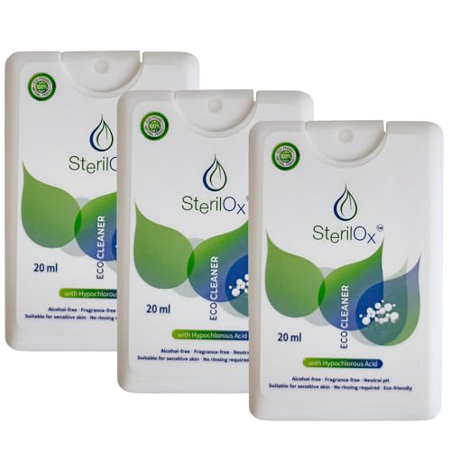 SterilOx 3×20 ml – Spray higiénico a base de ácido hipocloroso (HOCl), sin alcohol, para limpieza de manos y accesorios, pack mini para casa y viajes