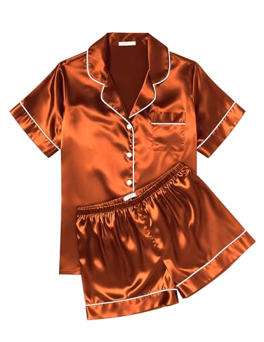 Image of Ekouaer Womens Silk Satin Pajama Sets Soft Short Sleeve Button Down Sleepwear Top and Shorts 2 Piece Pjs Lounge Set