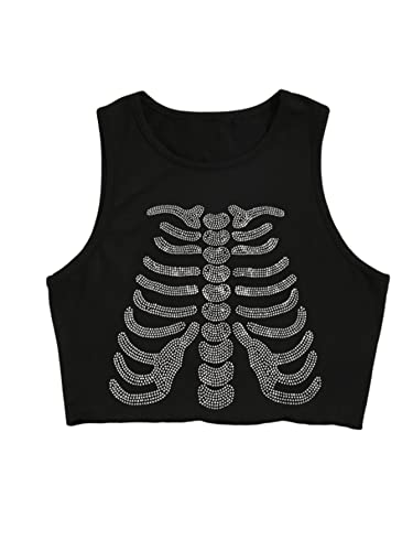 Shenhe Women's Graphic Sleeveless Cropped Tank Top Skeleton Print Rhinestone Crop Tops Black M #TOP26