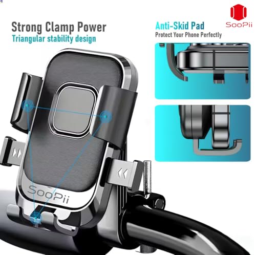 Image of SOOPII Universal Bike Mobile Holder with One Click Locking | Anti-Slip and Adjustable Angle for Motorcycles, Bicycles, E-Bikes,Scooters,Shockproof & Heavy-Duty Handlebar Mount for All Smartphones