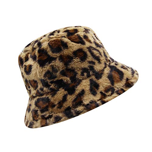 Women Girls Winter Plush Bucket Hat Leopard Print Fuzzy Warm Bucket Caps Faux Fur Fisherman Hats Casual #TOP4