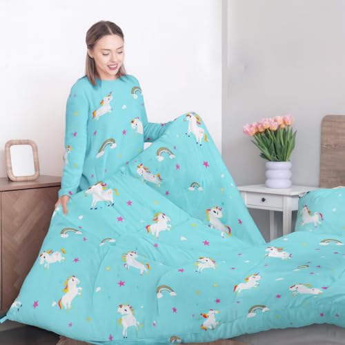 Image of 200 GSM 400 TC Kids Glace Cotton Reversible Cartoon Printed Double Bed King Size Comforter with Matching Bedsheet 90x100 Inches with 2 Pillow Covers Set of 4 Pieces- Sky